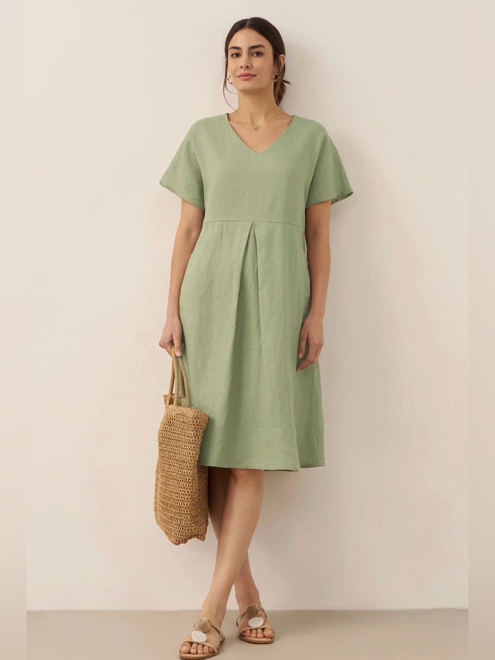 Lintico 100% Linen V-Neck Pockets Swing Dress AINSLEY Green Mini Dress Large